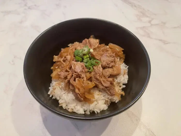 Pork Donburi - Shredded pork with sautéed onions served over steamed rice, garnished with green onions at Ramen Jin, a Ramen restaurant in Houston
