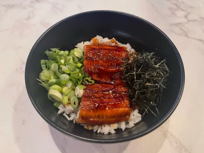 Eel Donburi - Grilled eel with sweet sauce, green onions, and seaweed on a bed of rice at Ramen Jin, a Ramen restaurant in Houston